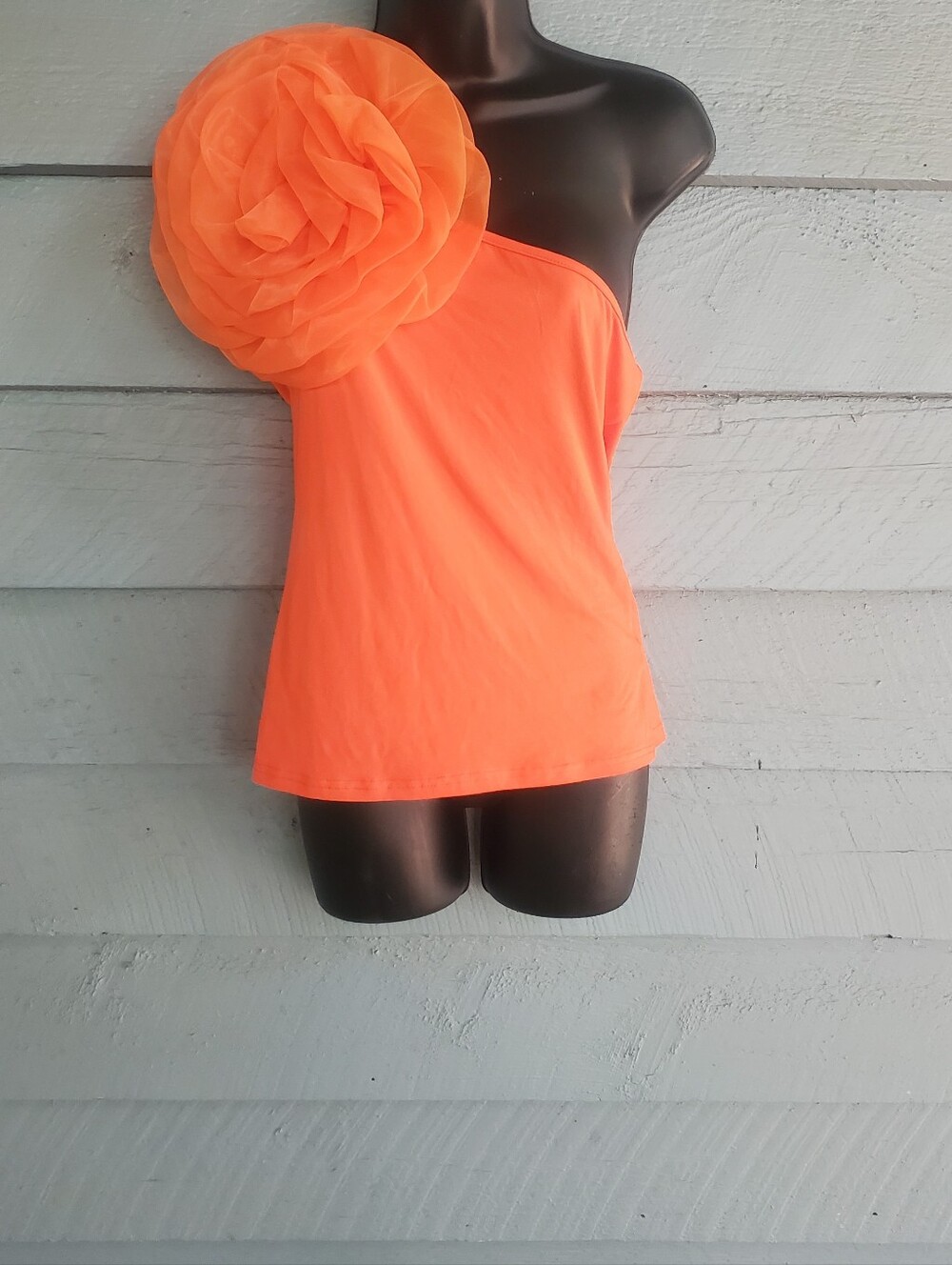 One-Shoulder Orange Floral Applique Top